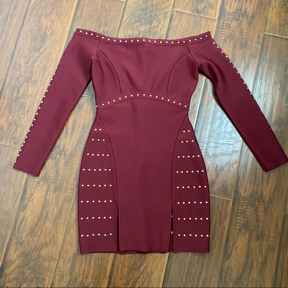 Topshop Burgundy Bandage Dress Off the Shoulder Gold Studs cocktail dress